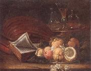 unknow artist Still life of a lute,books,apples and lemons,together with a gilt tazza with a wine glass and decanters,all upon a stone ledge china oil painting reproduction